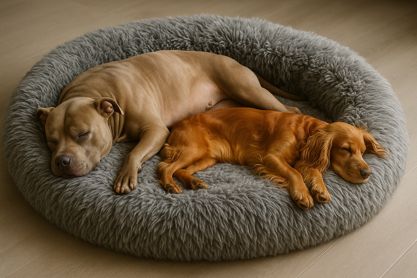 cana donut color gris, peluda, gigante con perro un pitbul y un cocker spaniel durmiendo estirados realista