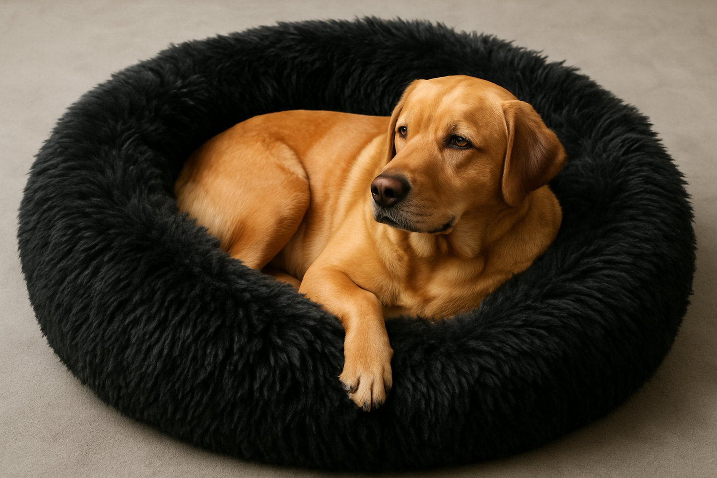 cama donut color negro,  peluda, con labrador realista